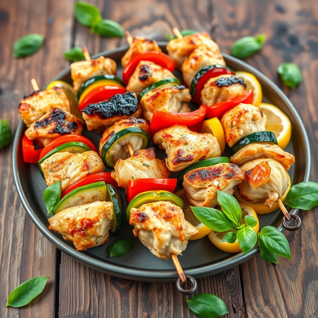 Grilled Italian chicken skewers with bell peppers and zucchini on a wooden table, garnished with basil and lemon.